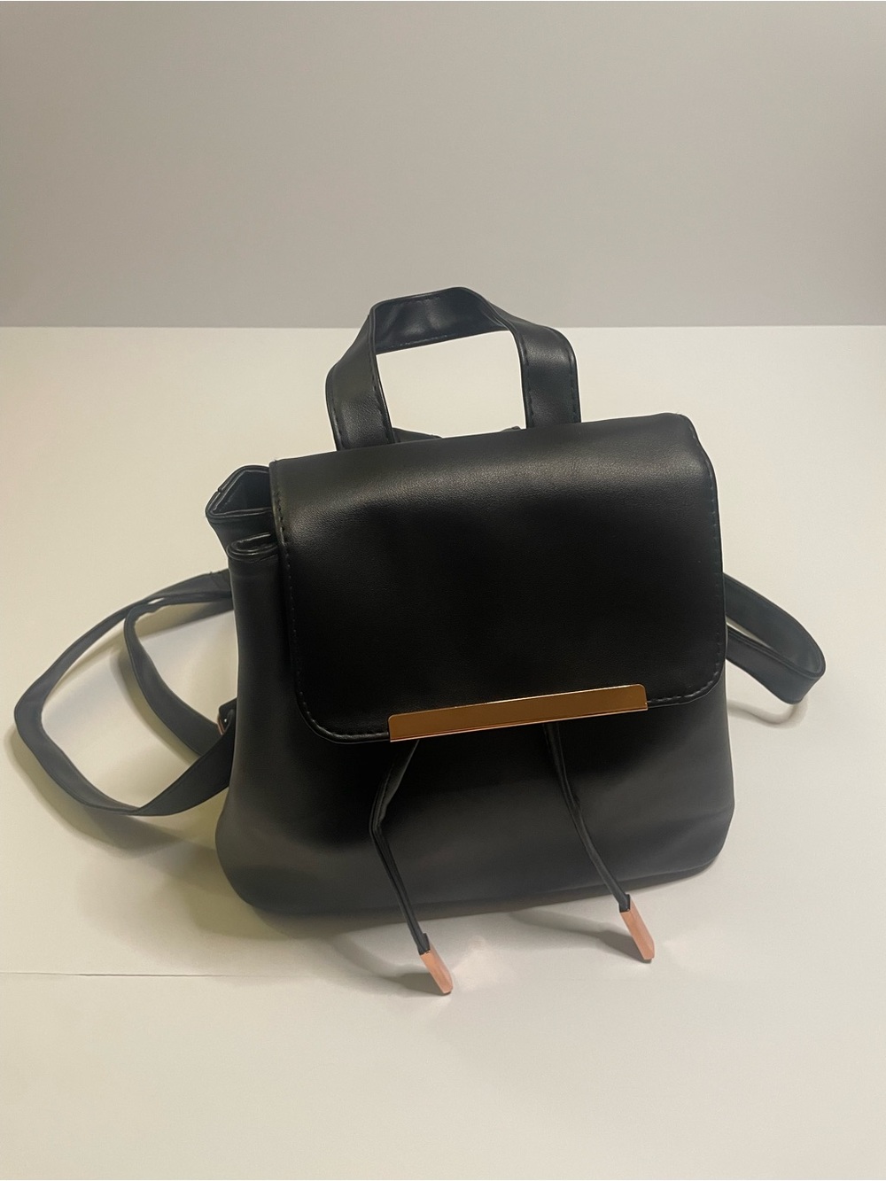 Black Pleather Mini Backpack with Rose Gold Accents